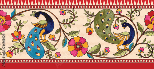 traditional Indian art border design with peacock, kalamkari border.