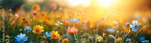 Wildflowers blooming in meadows under the spring sun photo