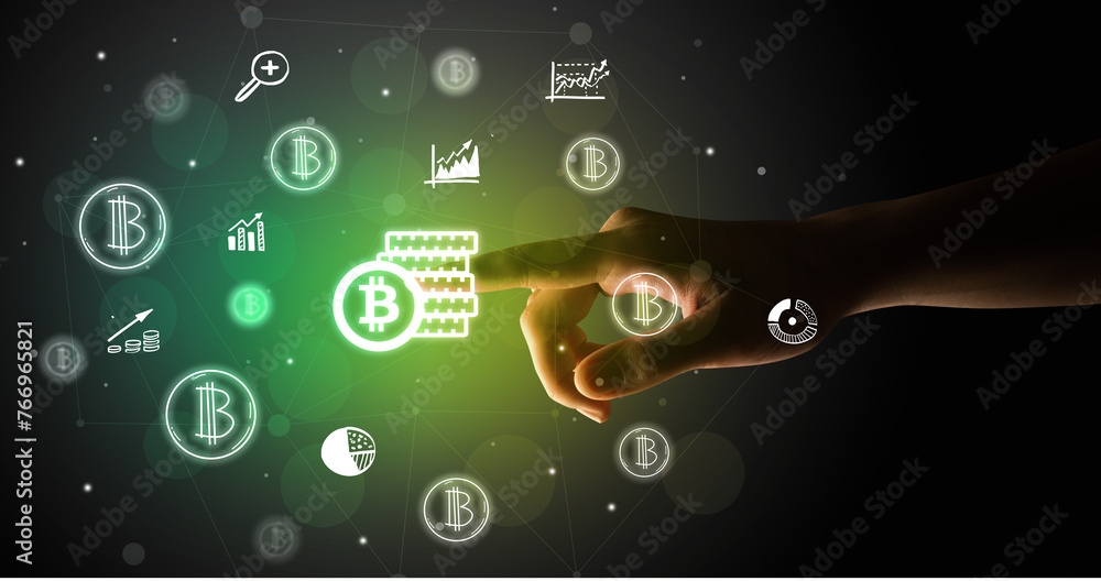 Naklejka premium Businessman finger touching on screen multimedia interface with hand drawn currency icons
