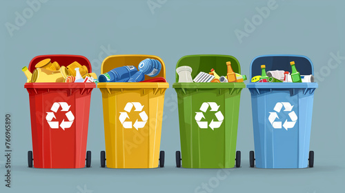 Recycle bins with sorted waste, recycling concept, vector,