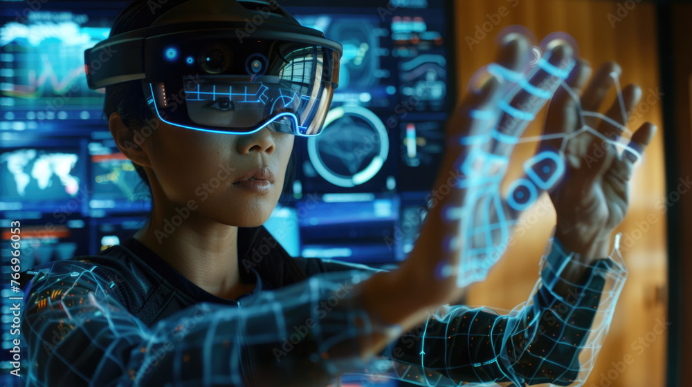 A woman engages with a holographic interface while wearing augmented reality equipment in a high-tech environment A woman engages with a holographic interface while wearing augmented reality equipment in a high-tech environment
