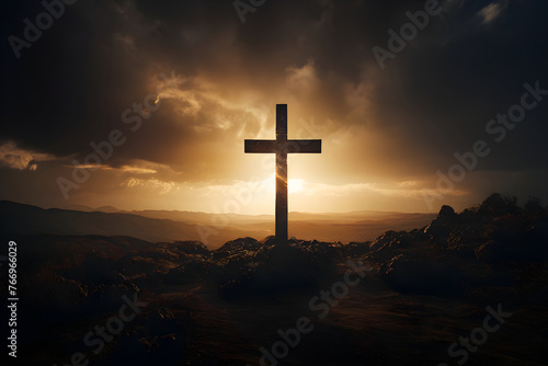 Cross stand on the rock on top of the Hill with dramatic dark sky, for copy space, wallpaper, backdrop