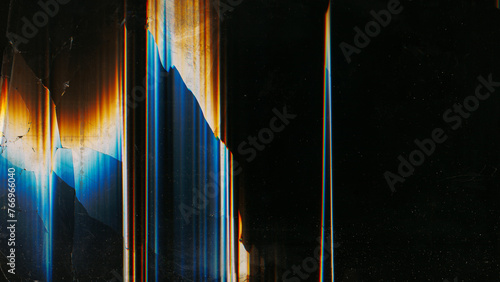 Cracked screen. Matrix distortion. Broken glass. Blue orange white color glitch noise dust scratches fractured distressed texture on black illustration abstract background.