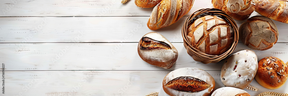 Breadbasket with different bakery products on wooden background . Modern cover header background banner with space for text, top view Cover ads banner, flyer, Blank Breadbasket with different bakery products on wooden background . Modern cover header background banner with space for text, top view Cover ads banner, flyer, Blank
