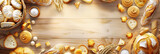 Breadbasket with different bakery products on wooden background . Modern cover header background banner with space for text, top view Cover ads banner, flyer, Blank