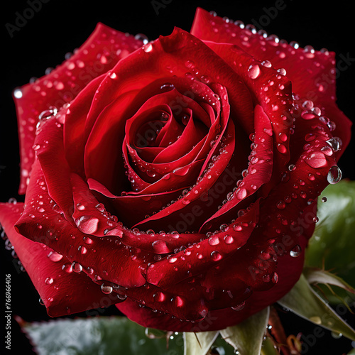 close up of red rose with water drops on petals on black background