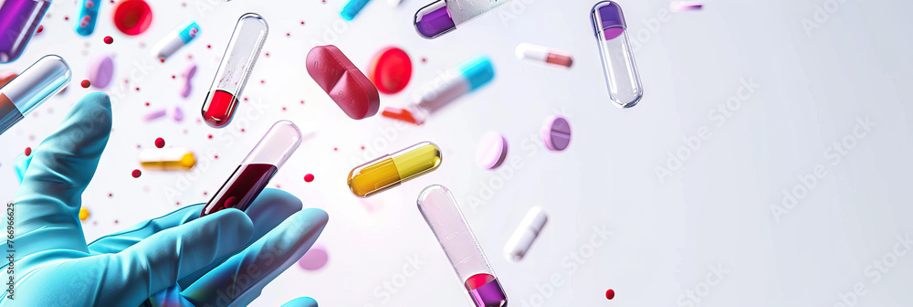 Doctor holding a test blood sample tube with Vitamin test on the background of medical test tubes with analyzes Modern cover header background banner with space for text, top view Cover ads banner Doctor holding a test blood sample tube with Vitamin test on the background of medical test tubes with analyzes Modern cover header background banner with space for text, top view Cover ads banner
