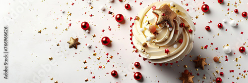 Tasty cupcake for New Year . Modern cover header background banner with space for text, top view Cover ads banner, flyer, Blank photo