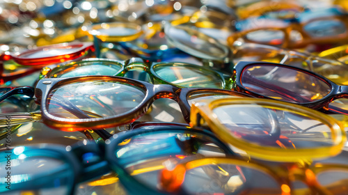 Pile of colorful eyeglasses close-up.