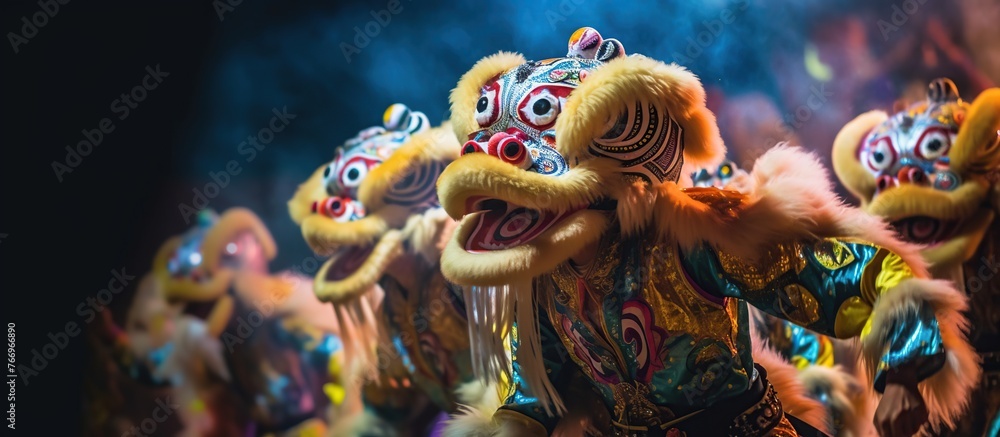 Chinese art lion dance at nighttime cultural Chinese New Year festival, Chinese tradition
