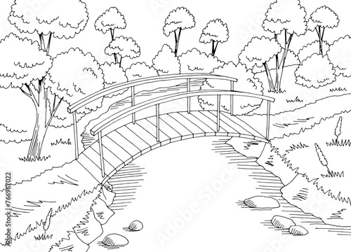 Bridge in forest graphic black white landscape sketch illustration vector
