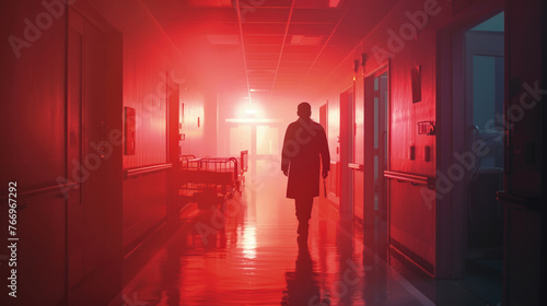 A man is walking down a hallway illuminated by red light, creating a dramatic and mysterious ambiance