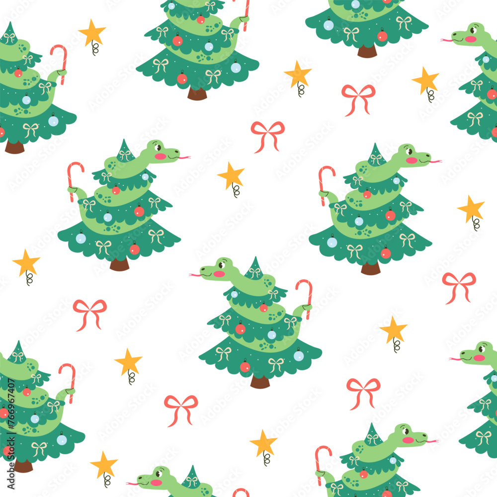 Seamless pattern snake character on a Christmas tree Seamless pattern snake character on a Christmas tree