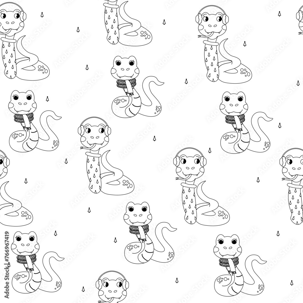 Seamless pattern color book outline  snake winter autumn character