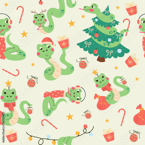 Seamless pattern character christmas snake hand drawn