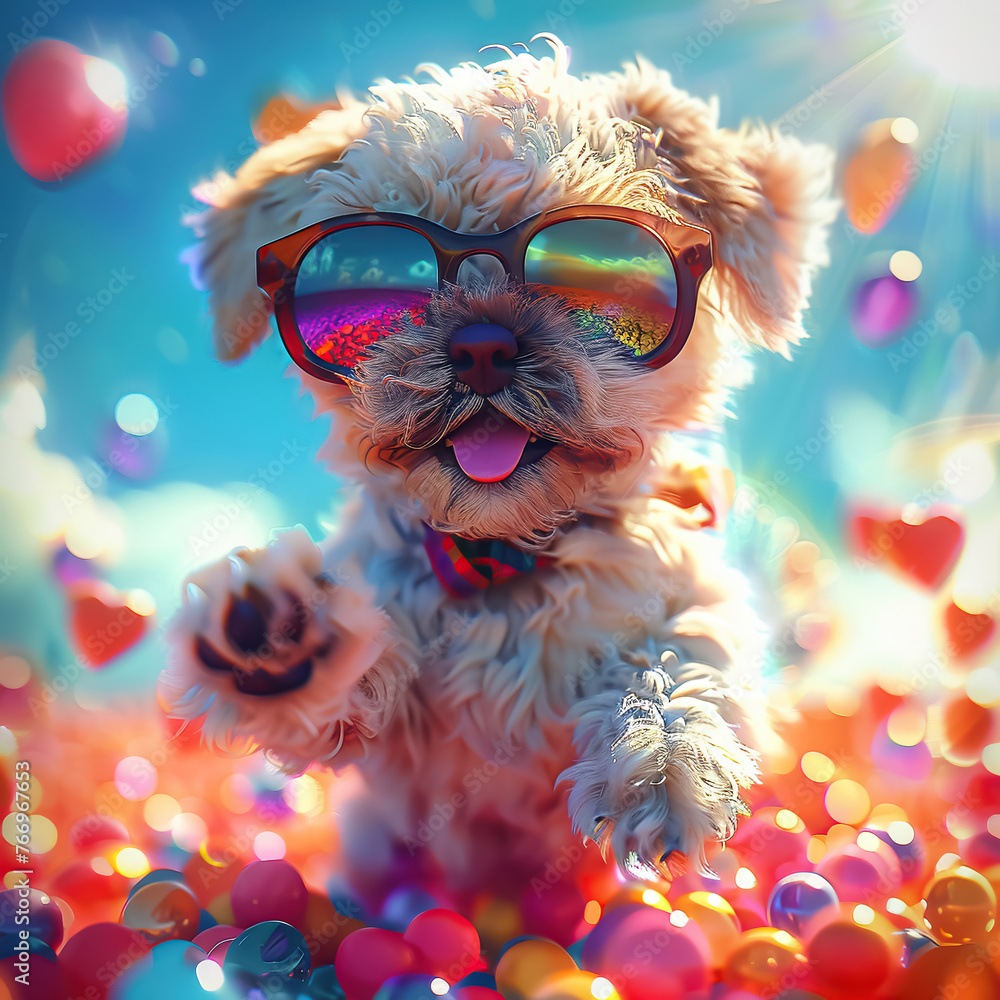Adorable puppy, sunglasses, social media craze, frolicking amidst a field of hashtags, animated illustration, vibrant colors, Chromatic Aberration effect