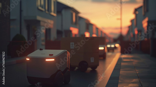 A robot on wheels carries packages along a sidewalk, bathed in the warm glow of a setting sun