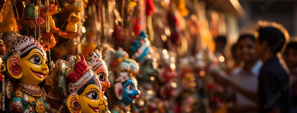 Fototapeta premium wide background banner of Colorful human face mask dummies hanging on streets in Hindu cultural event Dussehra festival