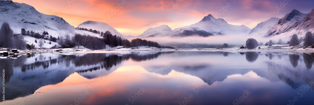 Awakening Infinity: A Heavenly Dawn Breaking Over Serene Mountain Lake - obrazy, fototapety, plakaty 