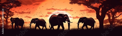African savannah with elephants at sunset - panoramic view.