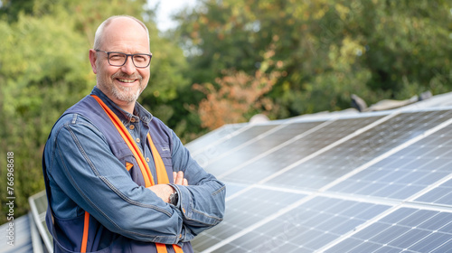 A gray-haired man of mature age smiles against the background of solar panels. alternative, renewable green energy. copy space