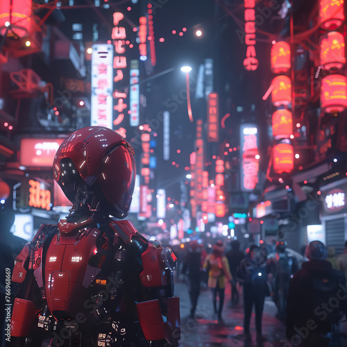 Futuristic Robots, workers, advanced technology, bustling cityscape, crowded streets, glowing neon signs, bustling metropolis, nighttime, 3D render, Neon lights, Lens Flare