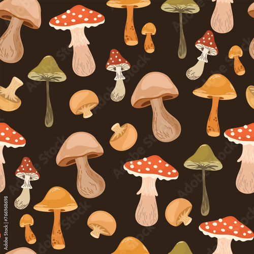 Mushrooms pattern. Seamless background, fall forest print. Endless fungi texture design. Autumn fungus, repeating backdrop for wrapping, fabric, textile. Printable repeatable flat vector illustration © PawLoveArt