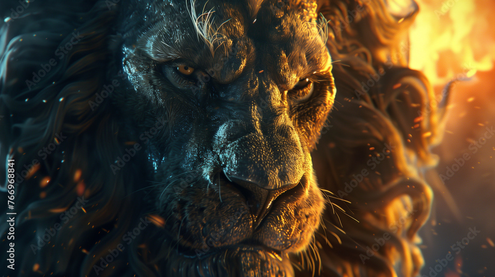 Majestic lion head in golden firelight, exuding power and mystery with gleaming, enigmatic eyes in the shadows.
