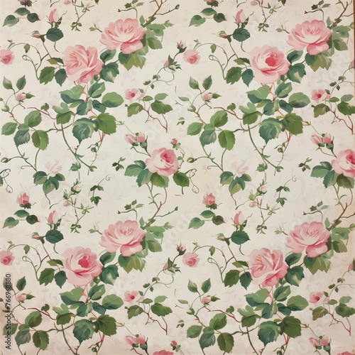 Vintage rose floral pattern wallpaper in pink and green on a cream background, with small roses, leaves and vines