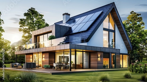 Modern high-tech house with solar panel, eco Green energy, alternative source of electricity, smart building with photovoltaic battery, ecological and sustainable development, AI generative