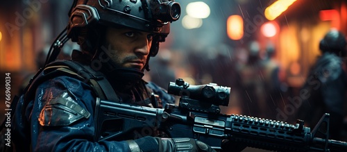 Portrait of a special forces soldier with assault rifle in the night city