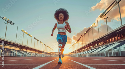 young black woman with robotic leg prosthesis jogging at the sports stadium outside in morning, african-american girl running outdoors, AI generated photo