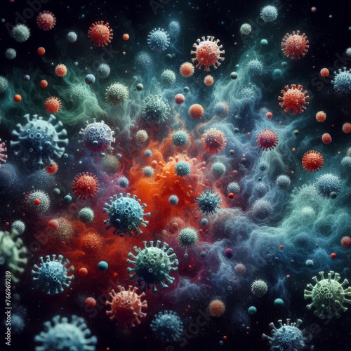 An artistic representation of various viruses at a microscopic level, rendered in vivid colors. The image portrays the unseen threat of germs and the significance of medical research. AI generation
