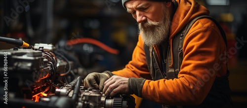 Automobile mechanic repairman hands repairing a car engine