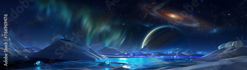 A gas giants aurora over an ice-covered Enceladus, galaxy stretching beyond, glowing shoes adrift, peaceful