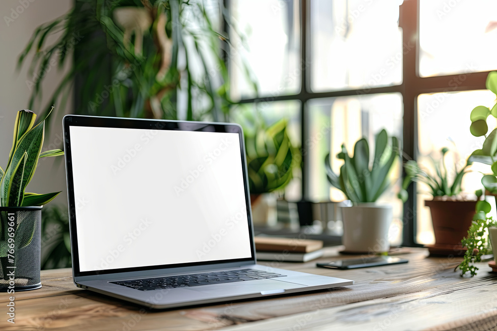An ideal workspace setup, featuring a laptop with a blank screen for mockups, positioned on a wooden desk An ideal workspace setup, featuring a laptop with a blank screen for mockups, positioned on a wooden desk