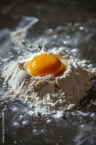 Preparation of healthy food, pasta or bread, with a fresh egg cracked into flour for dough. Homemade cooking and nutritious ingredients coming together for a wholesome meal.