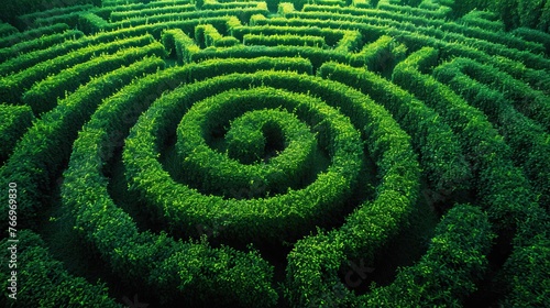 Inside green maze, mysterious labyrinth of plants, AI generated