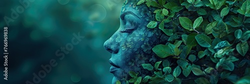 Woman's green face emerges among leaves, Goddess or spirit of Nature, ecological concept and environmental connection. AI generated photo