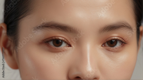 Close up of beautiful Asian woman's brown eyes with eyelash and brow lift. 