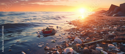 Environmental pollution concept with Plastic garbage in the sea at sunset
