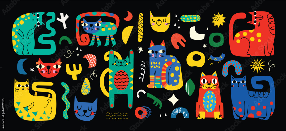 Abstract Cat and Graphic Elements set in Minimal Trendy Style. Hand drawn doodle cats, spots, drops, curves, lines for creating patterns, Invitations, posters, cards, social media posts