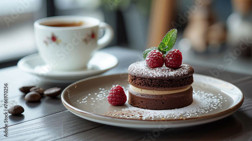 Piece of chocolate cake with raspberry served beautifully with a cup of coffee