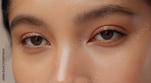 Close up of beautiful Asian woman's brown eyes with eyelash and brow lift.	