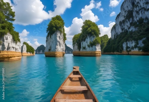 Front view from a wooden boat on turquoise water with two large limestone karsts in the background under a blue sky with clouds