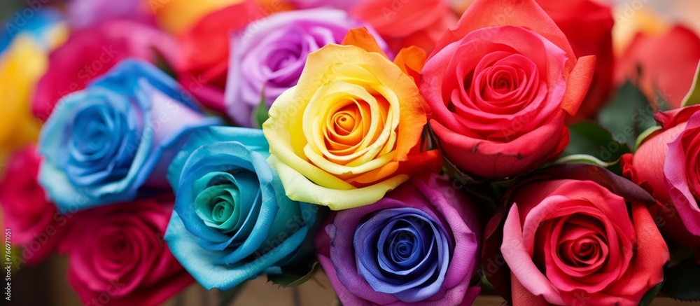A variety of colorful hybrid tea roses, including white, purple, and pink, are elegantly displayed on a table. This beautiful scene is a perfect subject for a nature photograph A variety of colorful hybrid tea roses, including white, purple, and pink, are elegantly displayed on a table. This beautiful scene is a perfect subject for a nature photograph