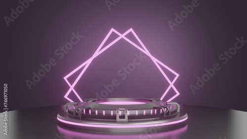 3d abstract purple neon lights black background theme with modern podium studio, amazing for display and promotoin product