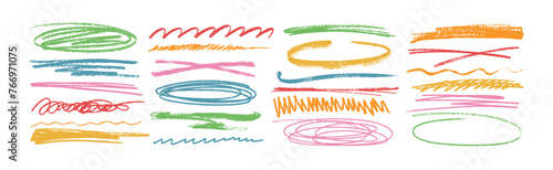 Colorful charcoal texture underline, squiggly lines, squiggles vector set. Pencil drawn stripes, scribbles, thin or rough strokes on white background. Grunge crayon emphasis and marker strikethroughs. photo