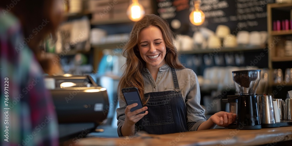 Smiling barista and a female customer paying with a phone at nfc ,