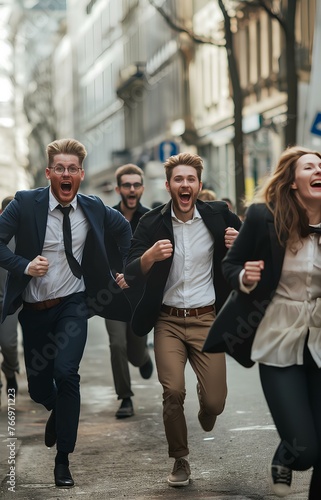 A group of young business people running in the street, laughing and having fun while celebrating success. They all have happy faces with wide open mouth. generative AI